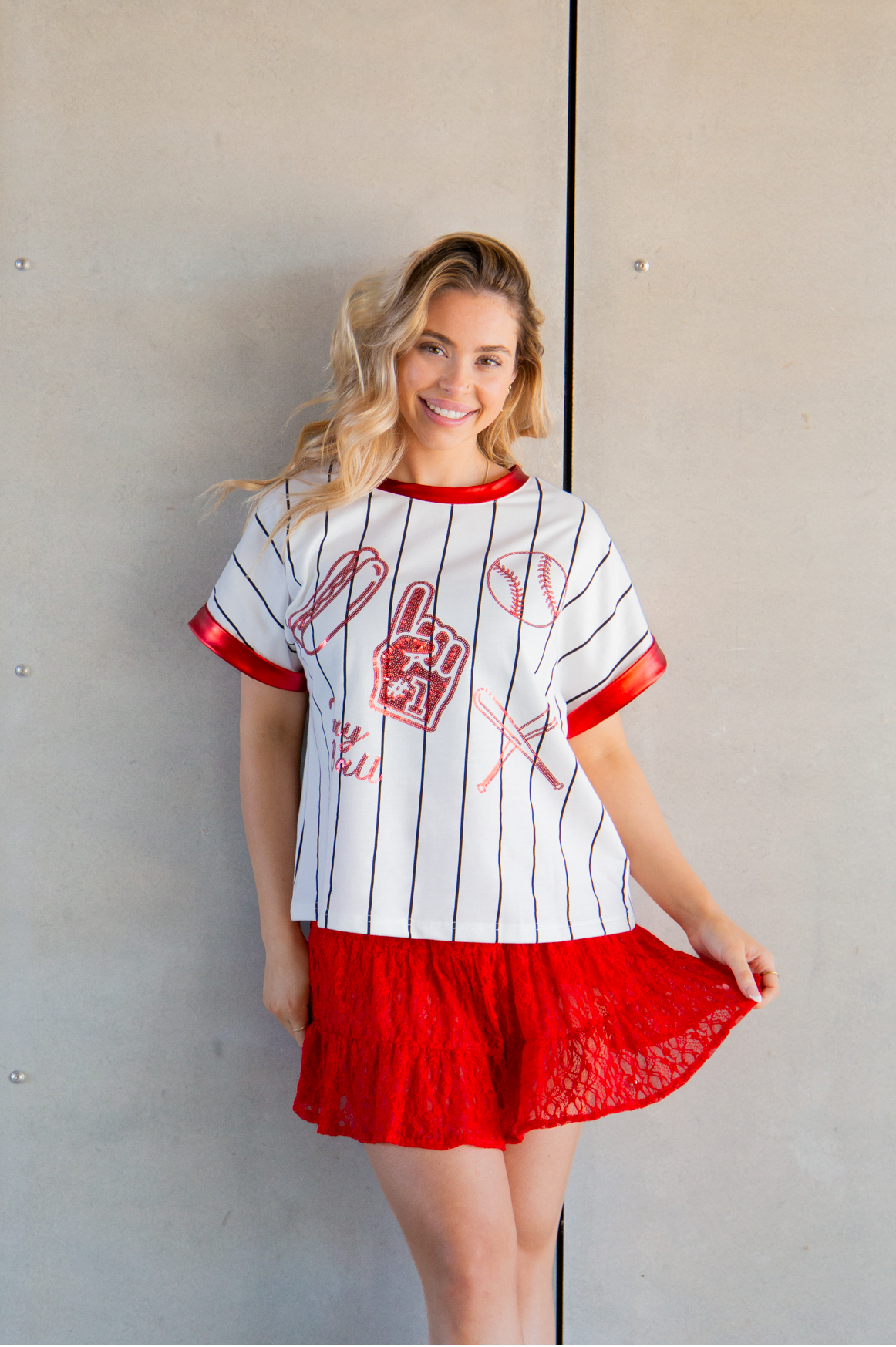 Baseball Glitter Elements on White Striped Top