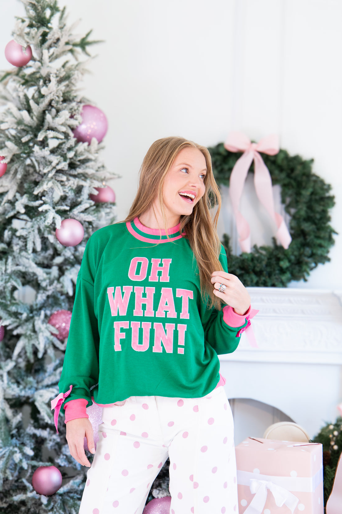 "Oh What Fun" on Green Mock Neck Top