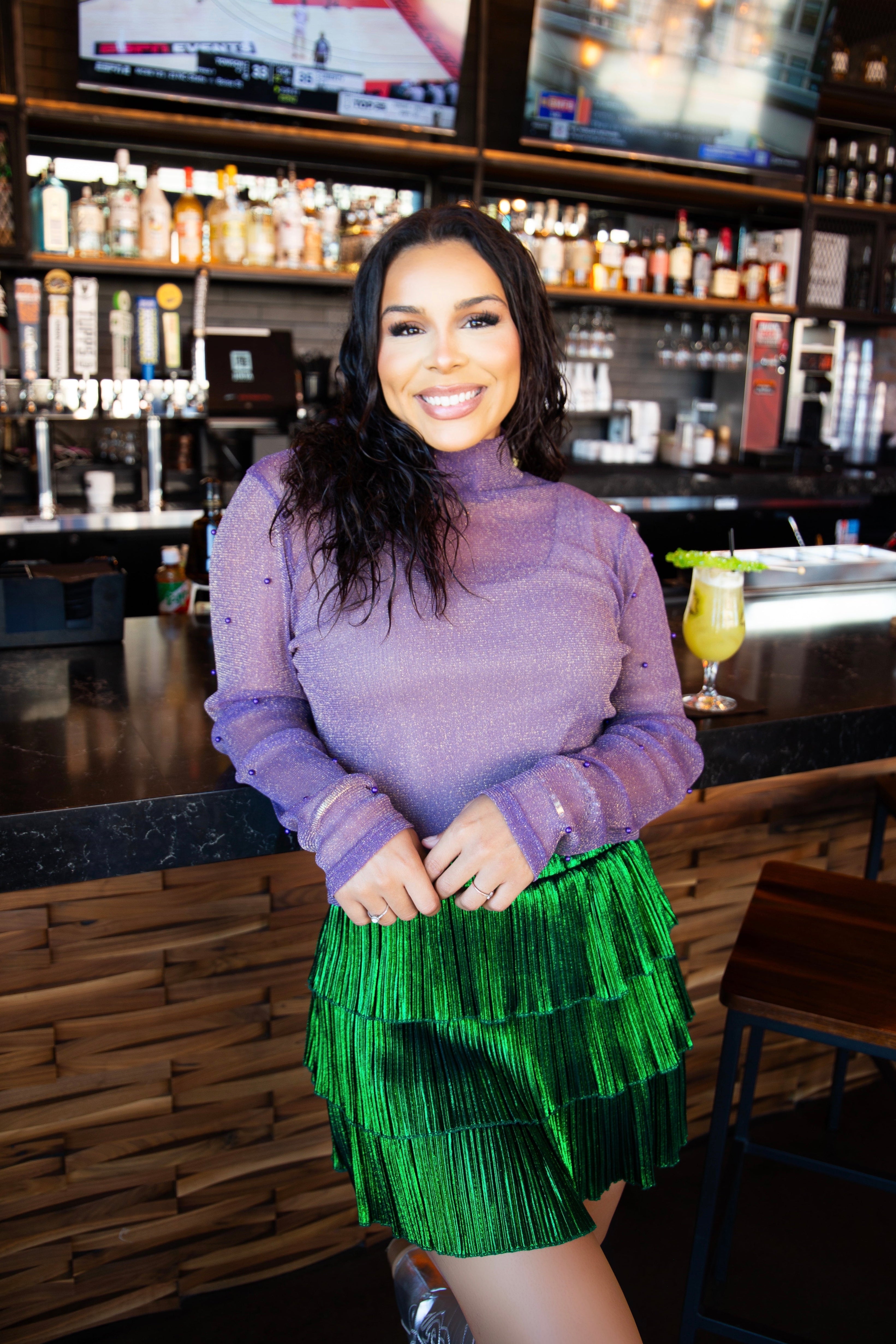 Mock Neck Mesh Top, Purple Shimmer