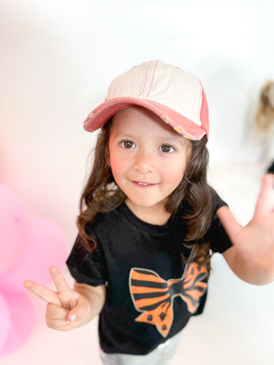 Girl's Distressed Orange and Cream Hat