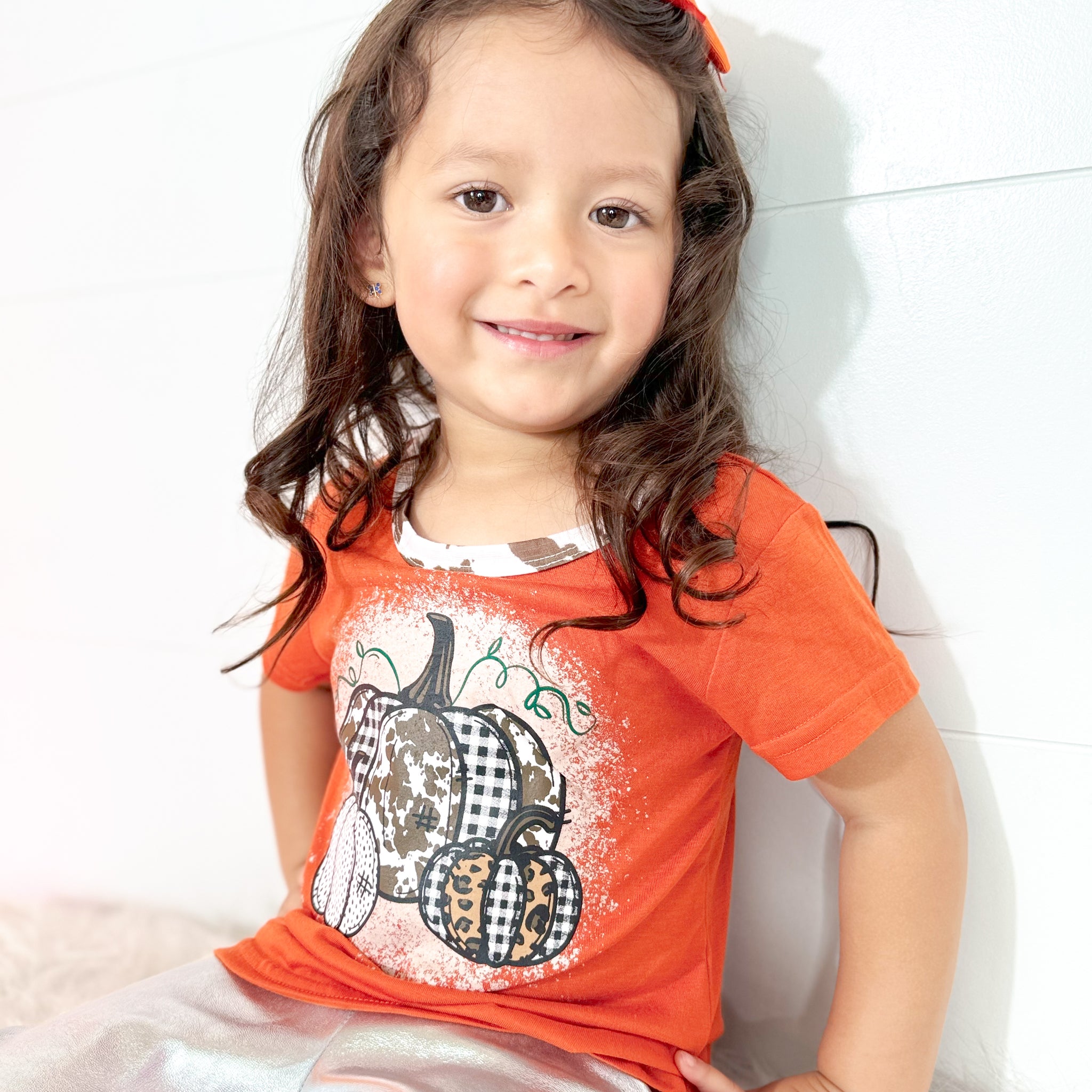 Girls' Triple Pumpkin Leopard, Cow & Orange Ringer Tee