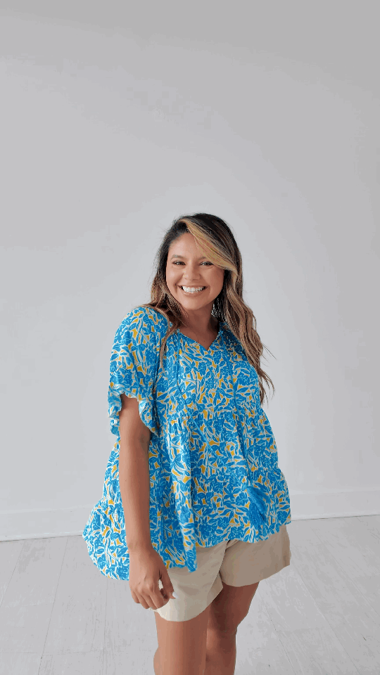 Blue & Yellow Floral Babydoll Top