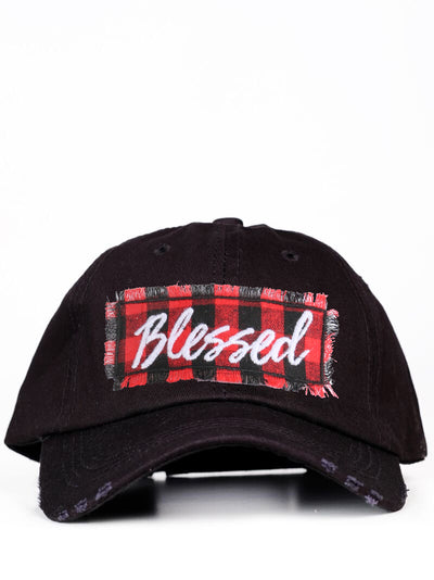 Buffalo Plaid Blessed Patch on Black Distressed Hat
