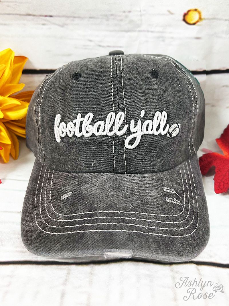 White Football Y'all Embroidery on Charcoal Hat