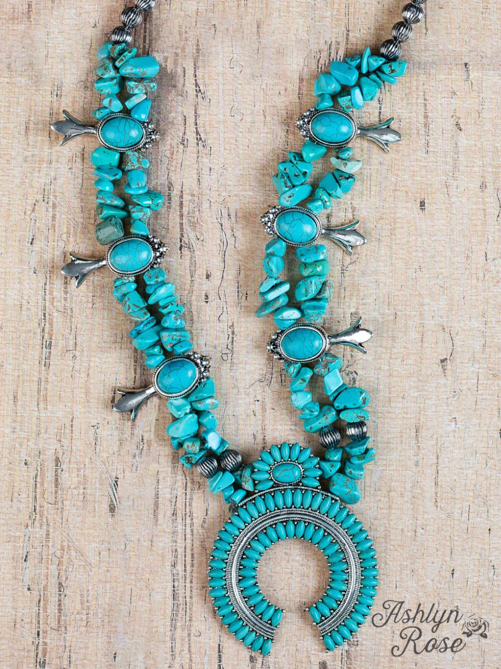 Turquoise Sun Flower Squash Blossom Necklace, Silver