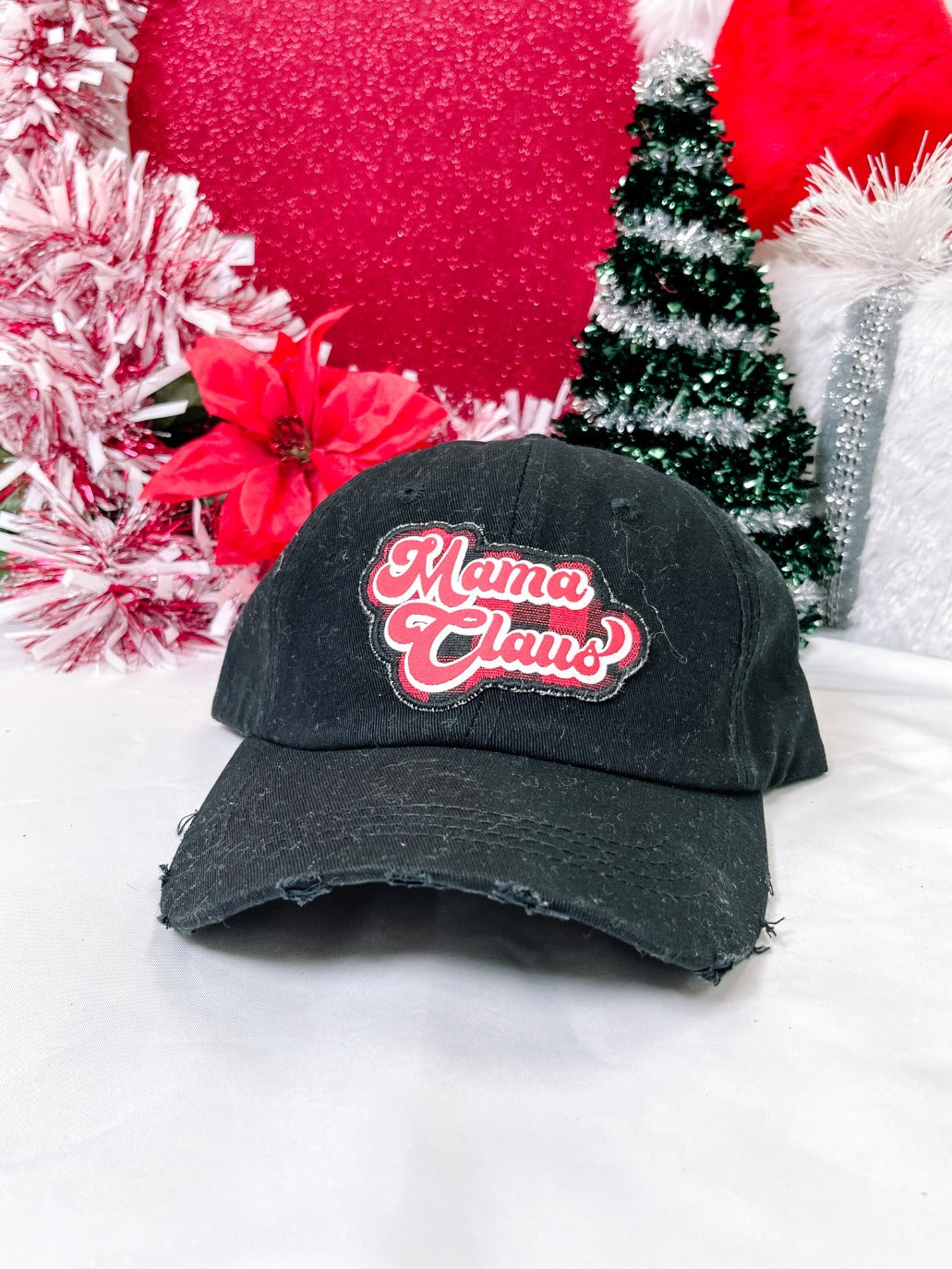 Mama Claus Patch On Black Distressed Hat