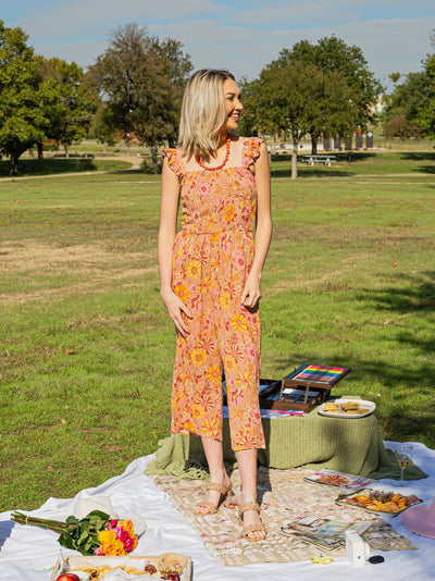 Beige Retro Floral Jumpsuit