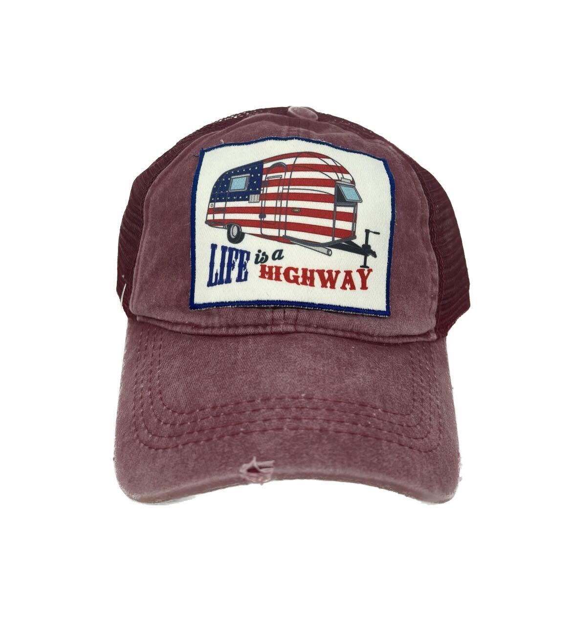 Life Is A Highway Patch on Maroon Hat with Maroon Mesh
