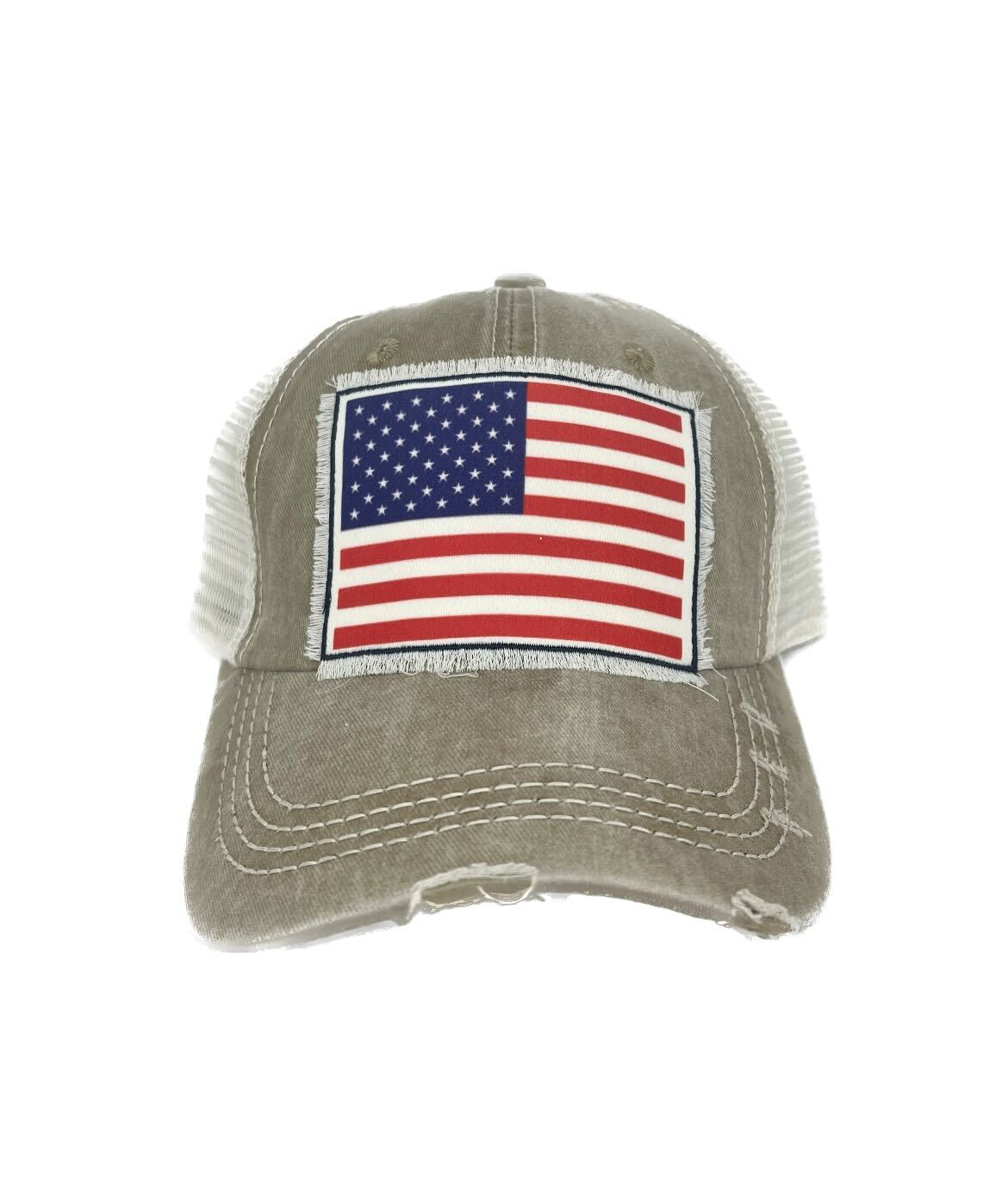 Traditional American Flag Patch on Tan Distressed Hat with Ivory Mesh
