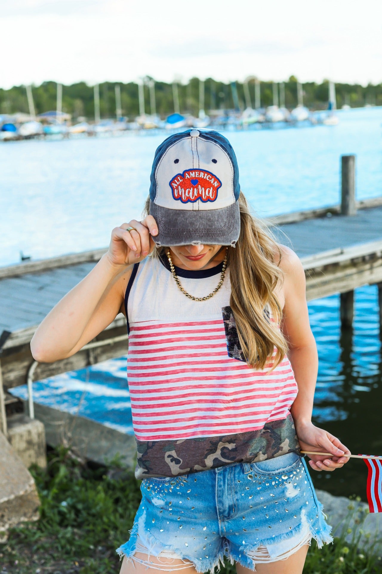 All American Mama on Stay Wild Brown, Beige and Navy Distressed Hat