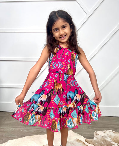 Girls Wide Open Spaces Horse Printed Dress