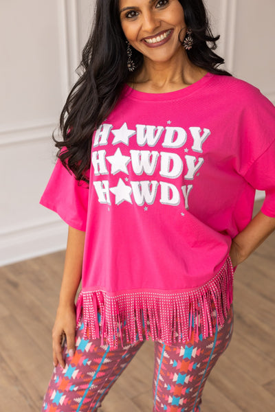 Howdy Howdy Howdy on Studded Fringe Crop Top, Hot Pink
