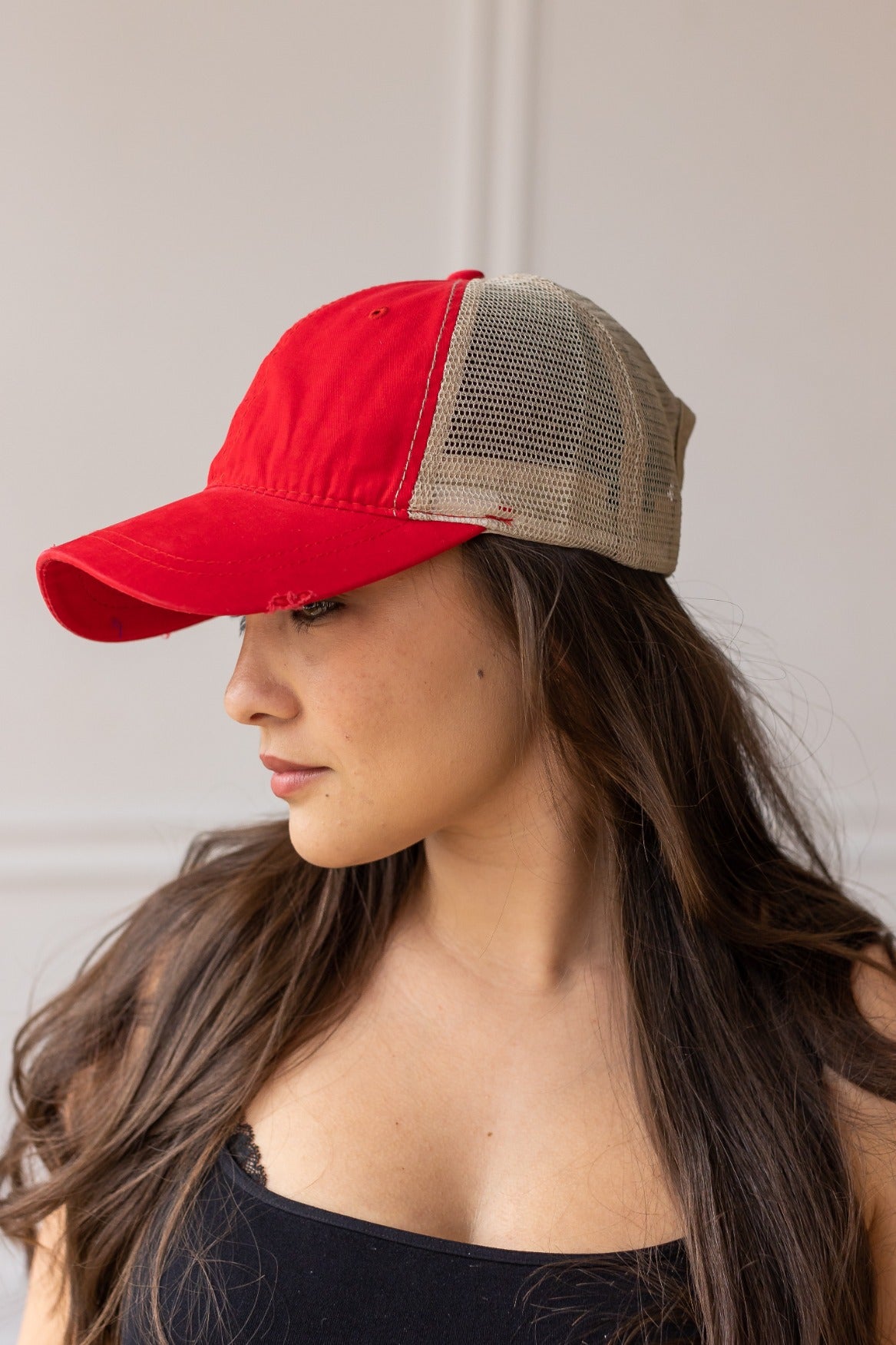 Red High Ponytail Hat with Beige Mesh