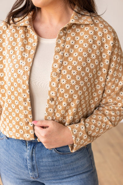Field Of Daisies Crop Brown Floral Button Down