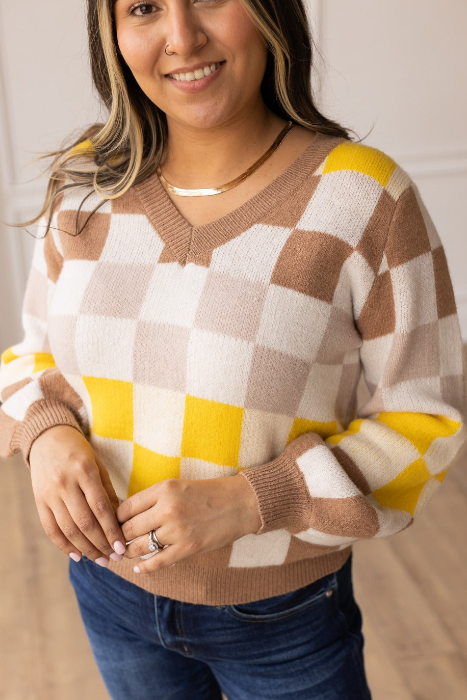 Coffee Brown Chic Checkered Sweater