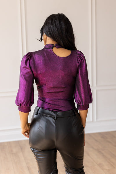 Chic Magenta Cutout and Puff Sleeve Bodysuit