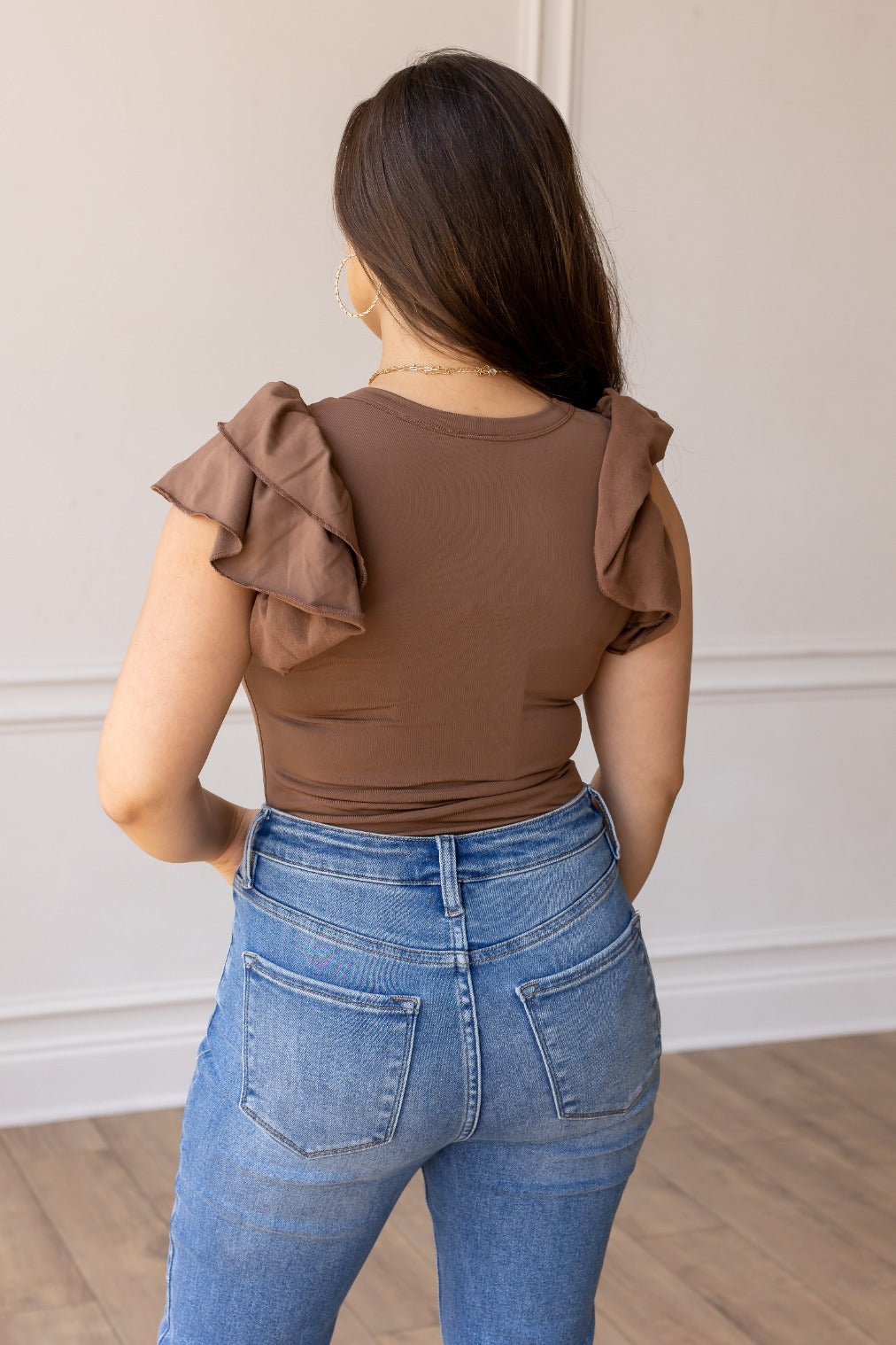 The Eloise Ruffle Sleeve Bodysuit, Brown