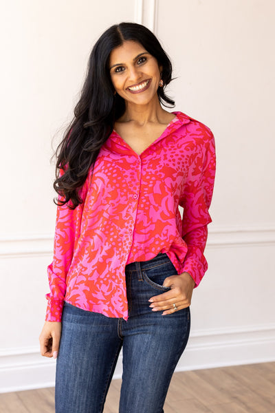 The Cathryn Hot Pink Abstract Floral Button Down Top