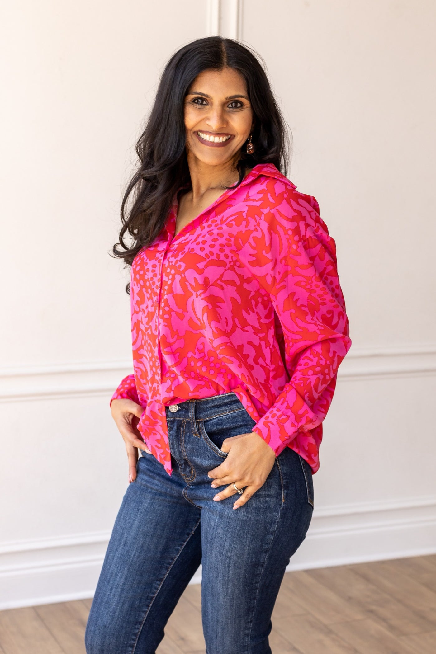 The Cathryn Hot Pink Abstract Floral Button Down Top