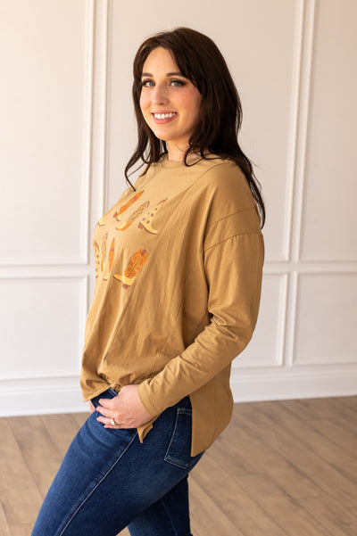 Western Boots on Tan Long-sleeved T-shirts With Side Stitching