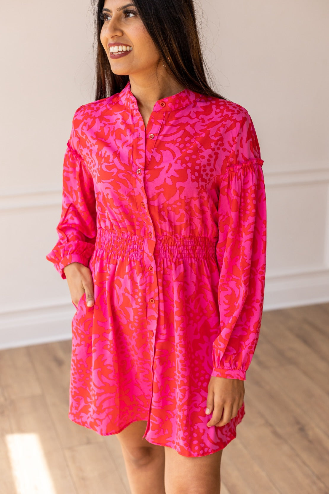 Rosy Fusion Button Down Dress, Red and Pink