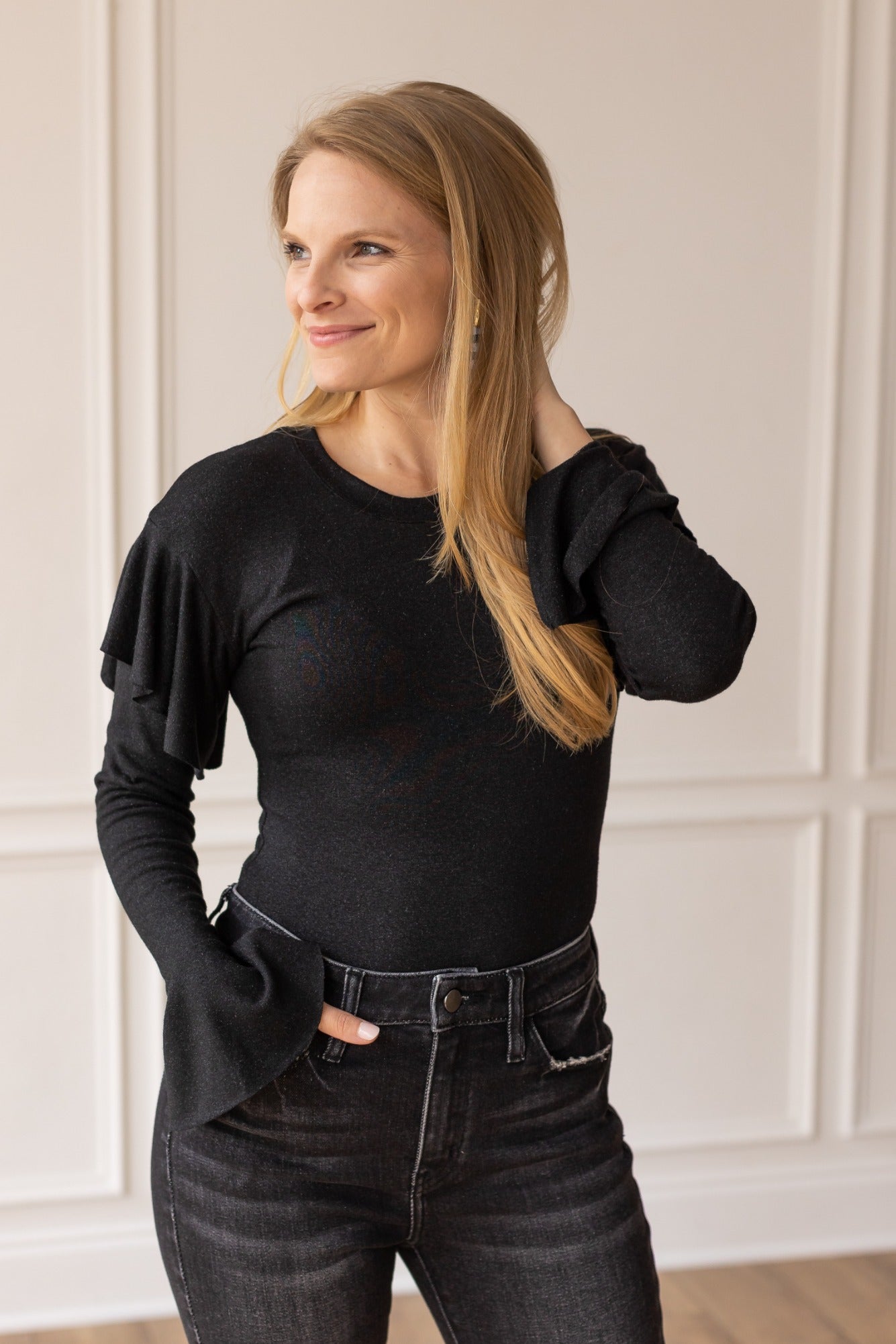 Black Shimmer Bodysuit with Ruffle Shoulder Sleeve
