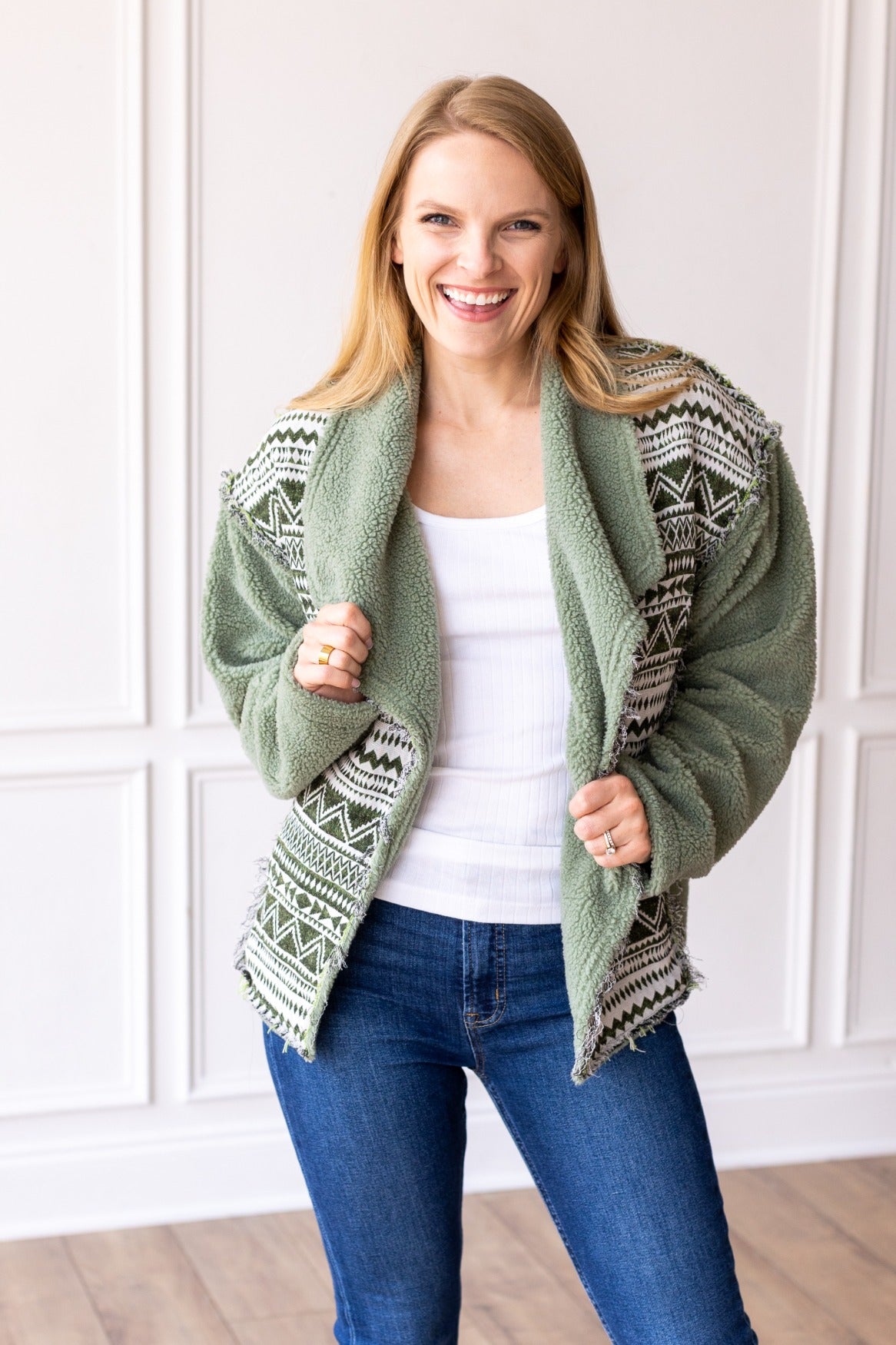 Olive Sherpa With Aztec Details