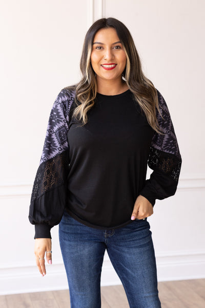 Black Top with Aztec Lace Puff Sleeve