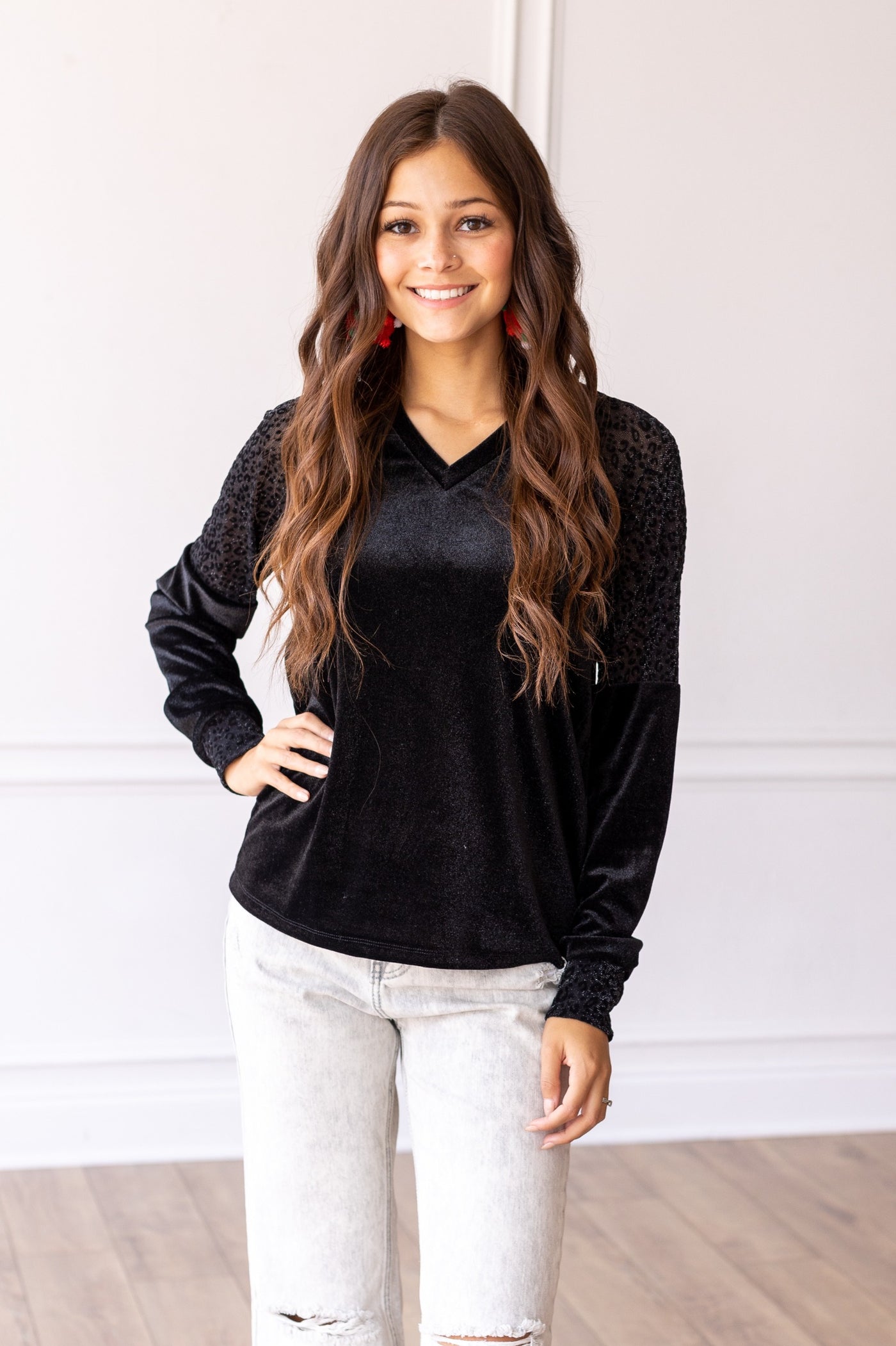 Black Velvet Top with Burnout Leopard Details