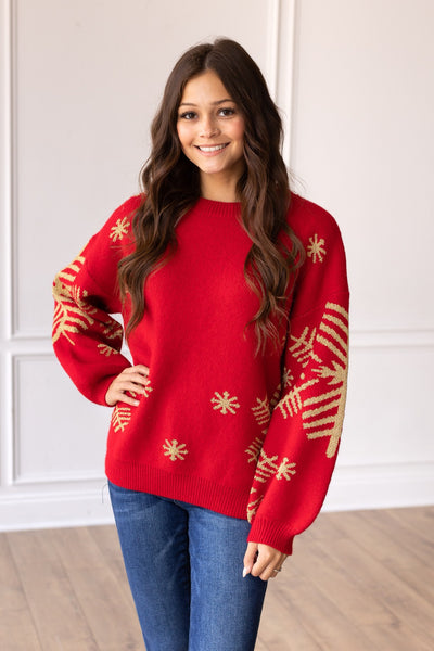 Nightfall Frost Red Sweater with Gold Snowflakes
