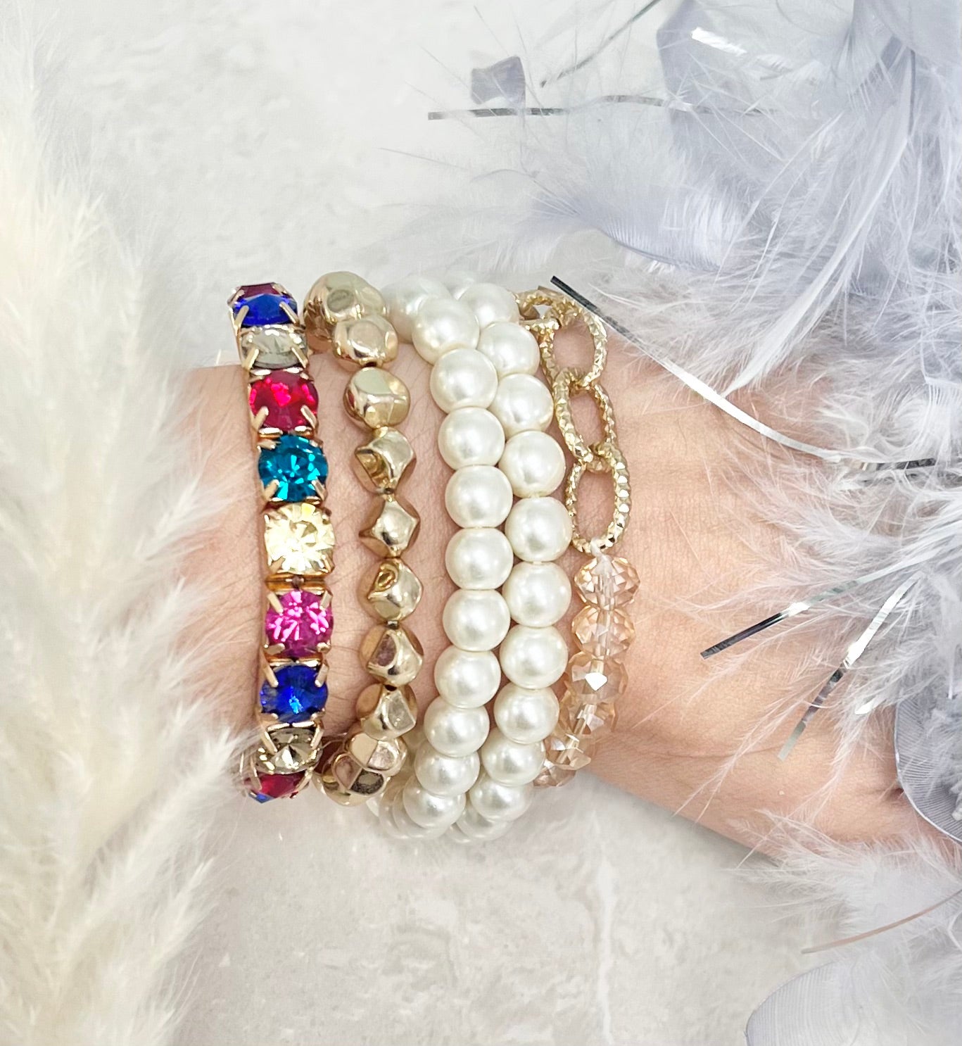 Iridescent Whispers: Pearl and Multicolor Gemstone Bracelet Duo