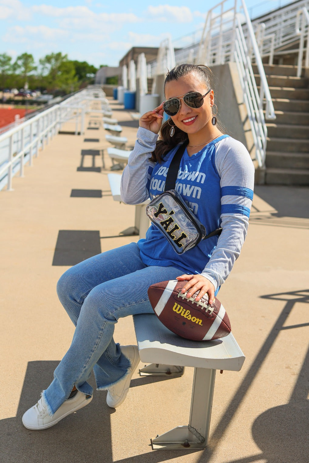 Touchdown Touchdown Touchdown on Royal Blue Longsleeve Tee with Grey Sleeves & Varsity Stripe
