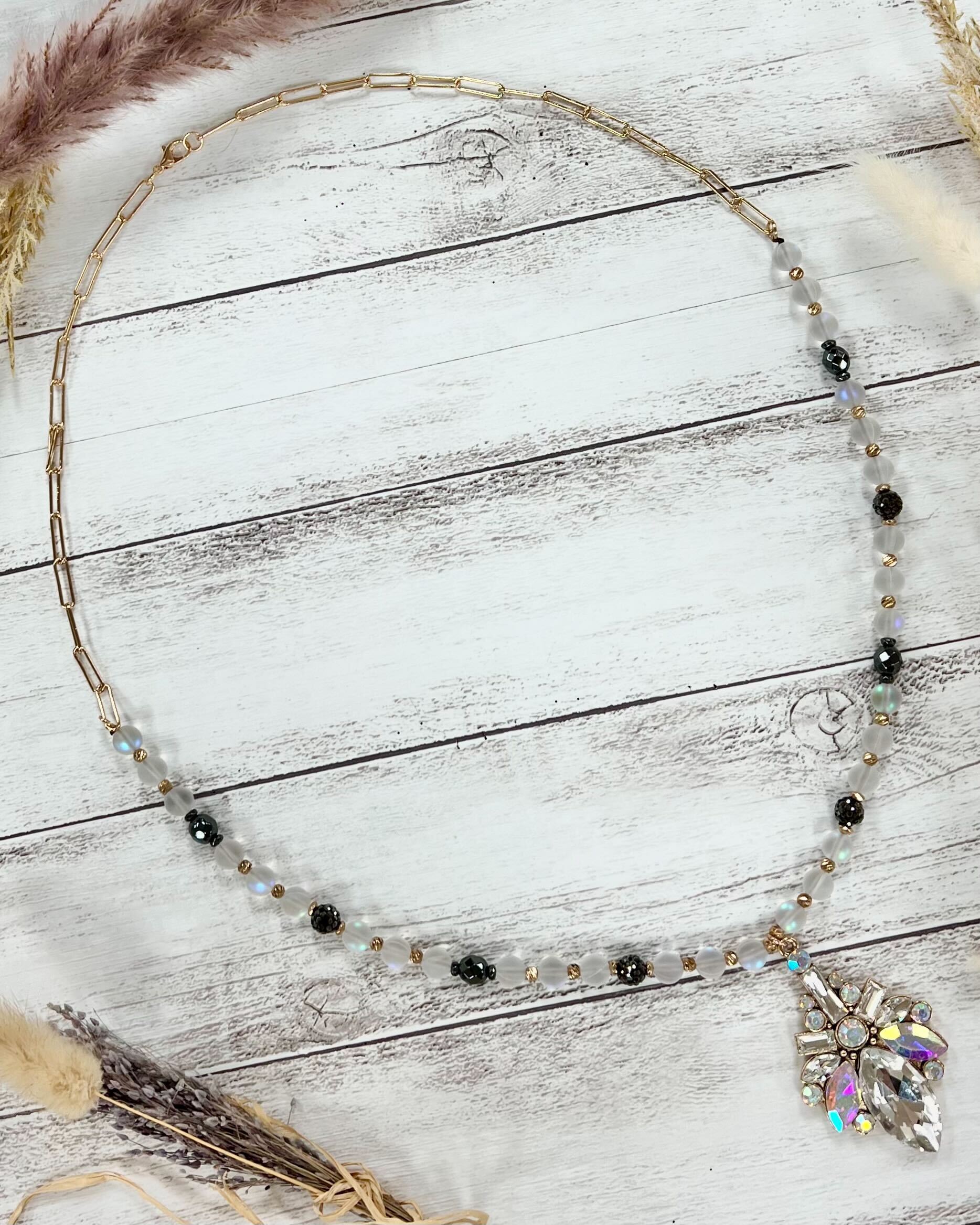 Beaded Chain wih Abstract Crystal Pendant