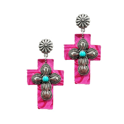 Silver Cross Earrings with Pink Leather Backing