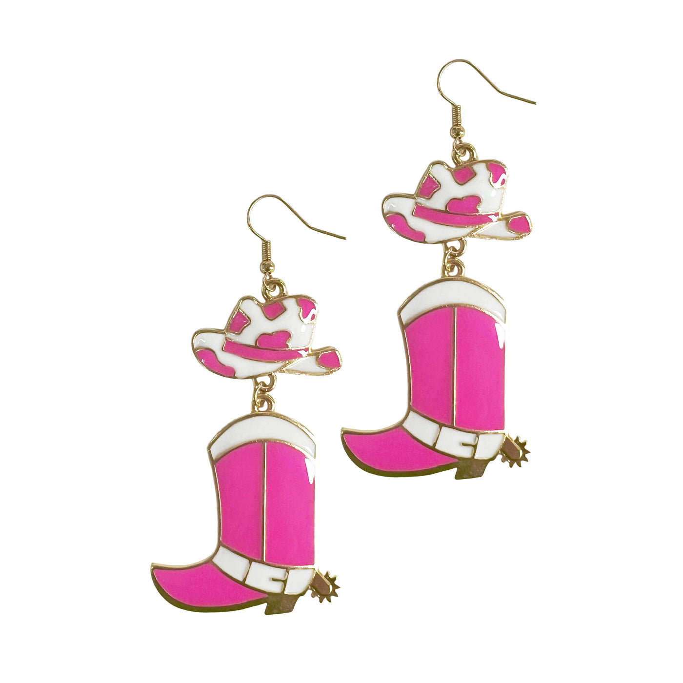 Enamel Cowgirl Hat and Boots Drop Earrings in Hot Pink