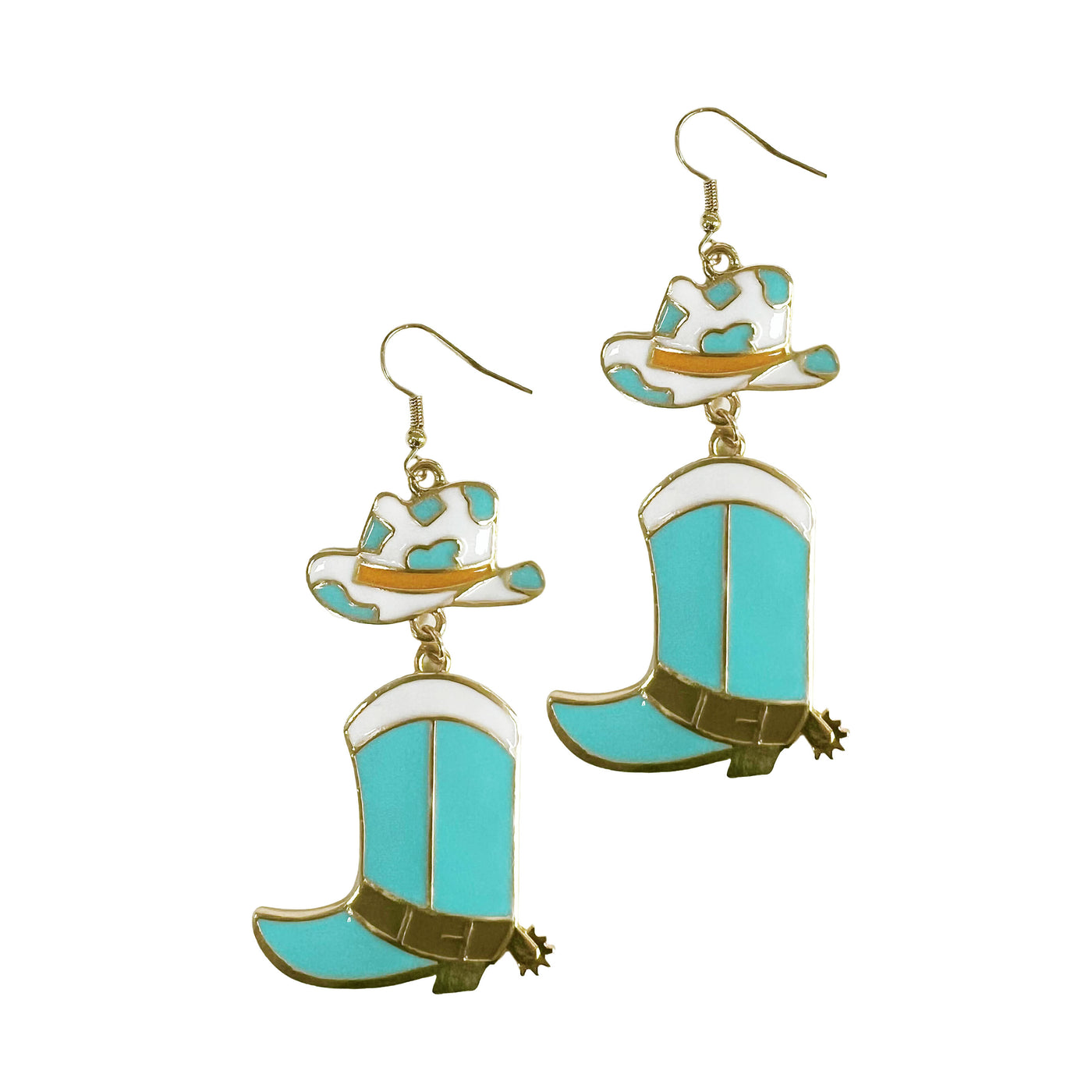 All Dolled Up Enamel Cowgirl Hat and Boots Drop Earrings in Turquoise