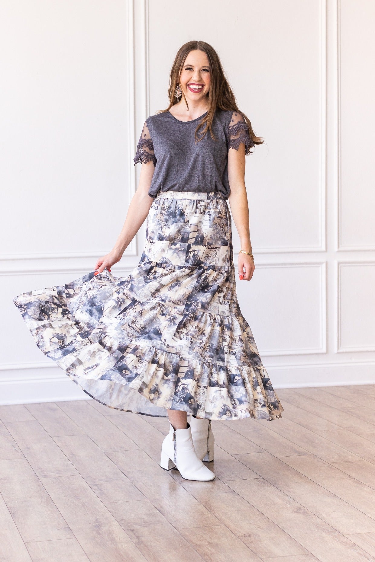 Western Print Tiered Maxi Skirt