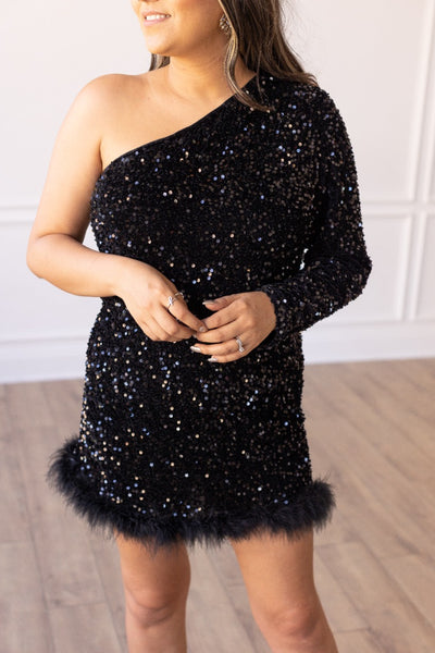 Feathered Opulence Sequin Dress in Black