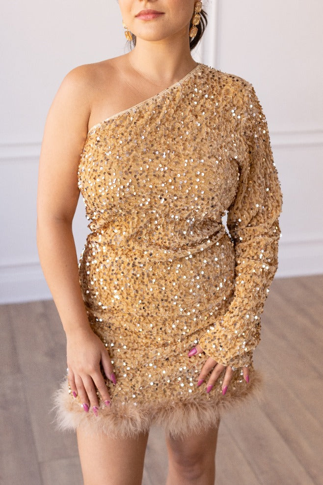 Feathered Opulence Sequin Dress in Gold