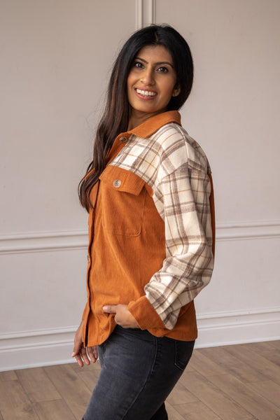 Cozy Calling Rust Plaid Button Down Top