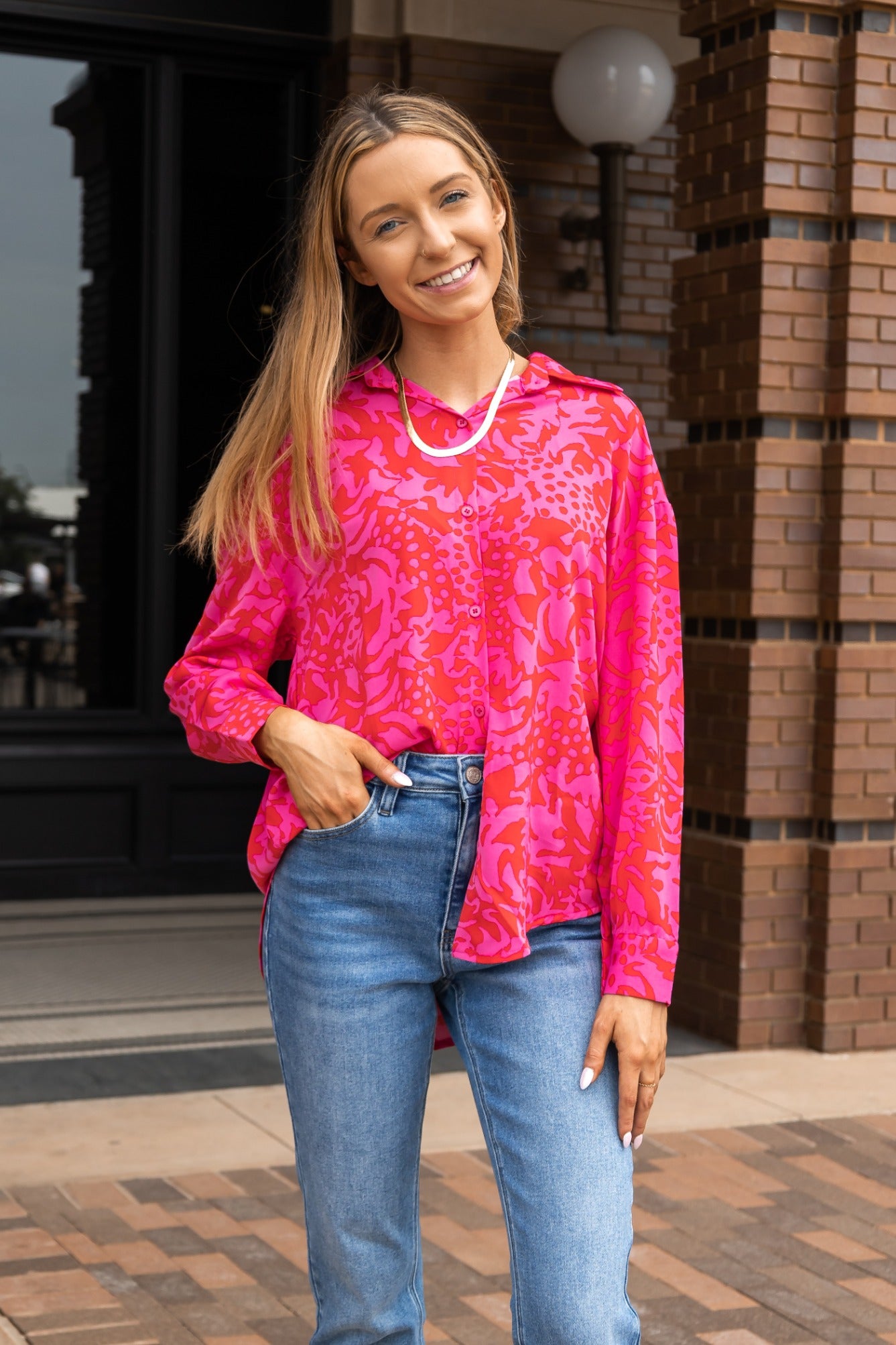 The Kathryn Hot Pink Abstract Floral Button Down Top