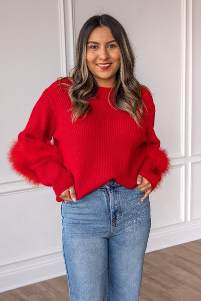 Red Knit Feather Sweater