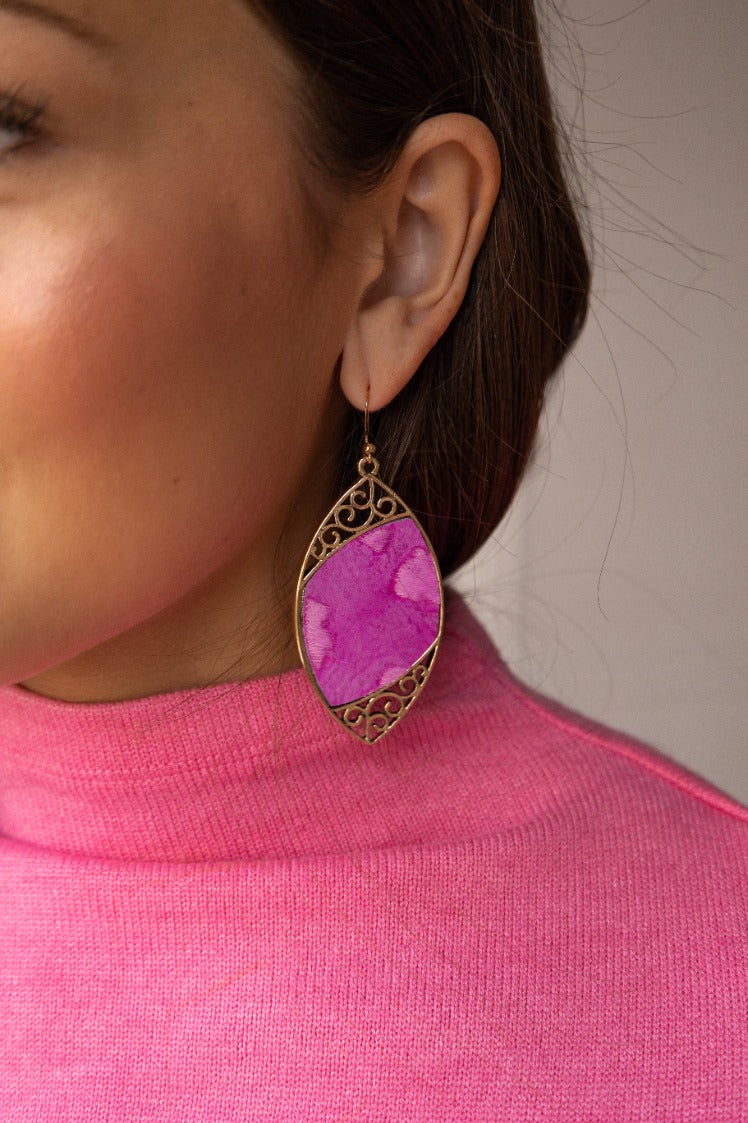 Gold Scroll and Fuchsia Drop Earrings