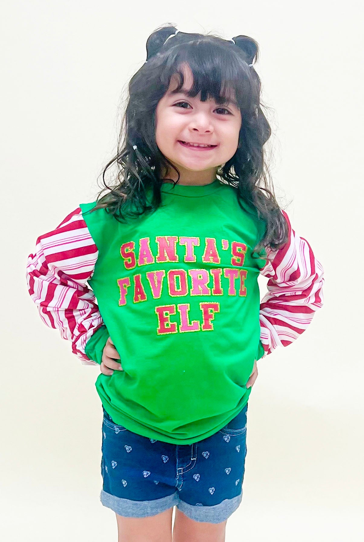 Santa's Favorite Elf Green Candy Cane Girls Top