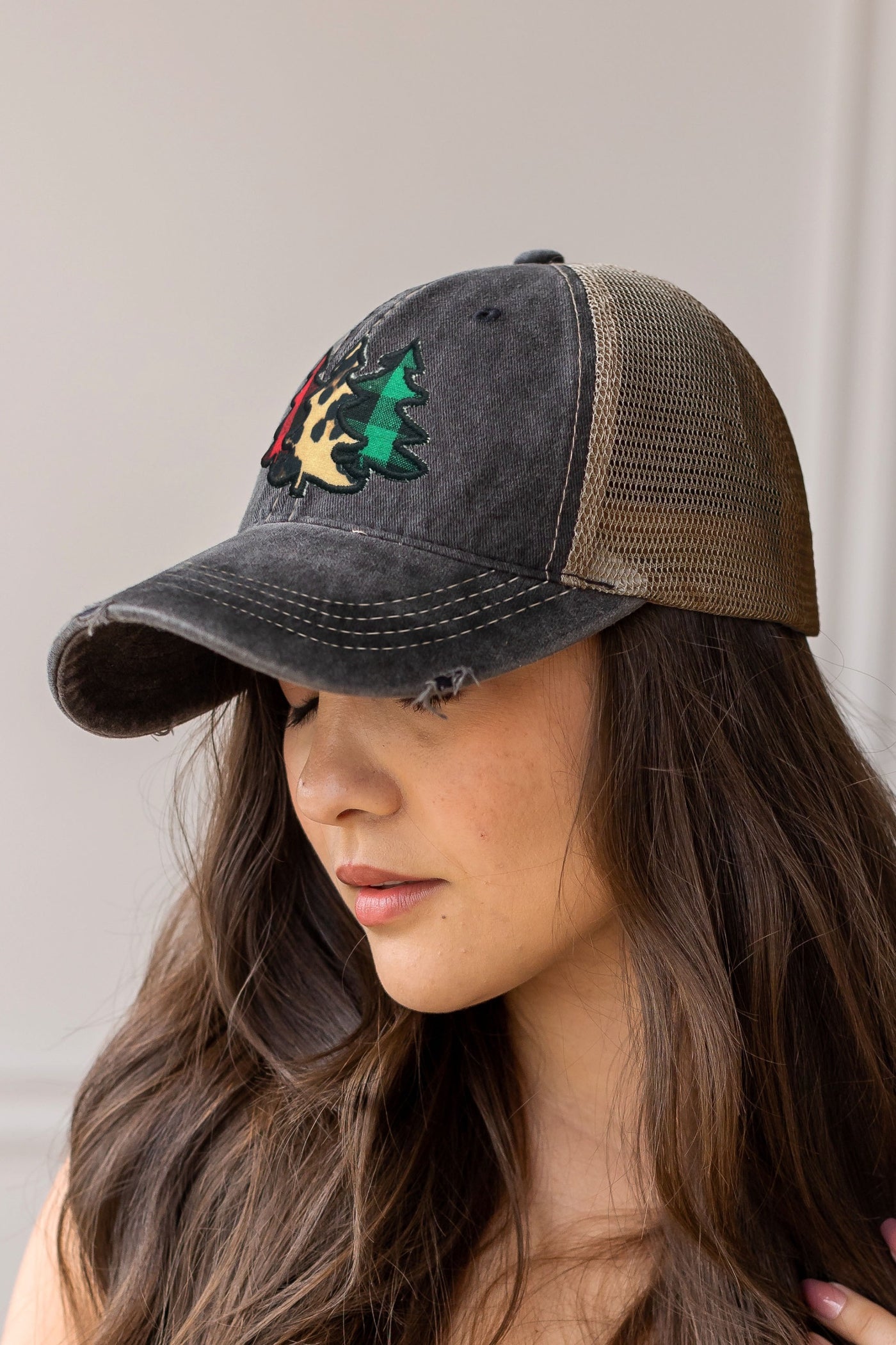 Christmas Tree Patch on Black Hat with Brown Mesh