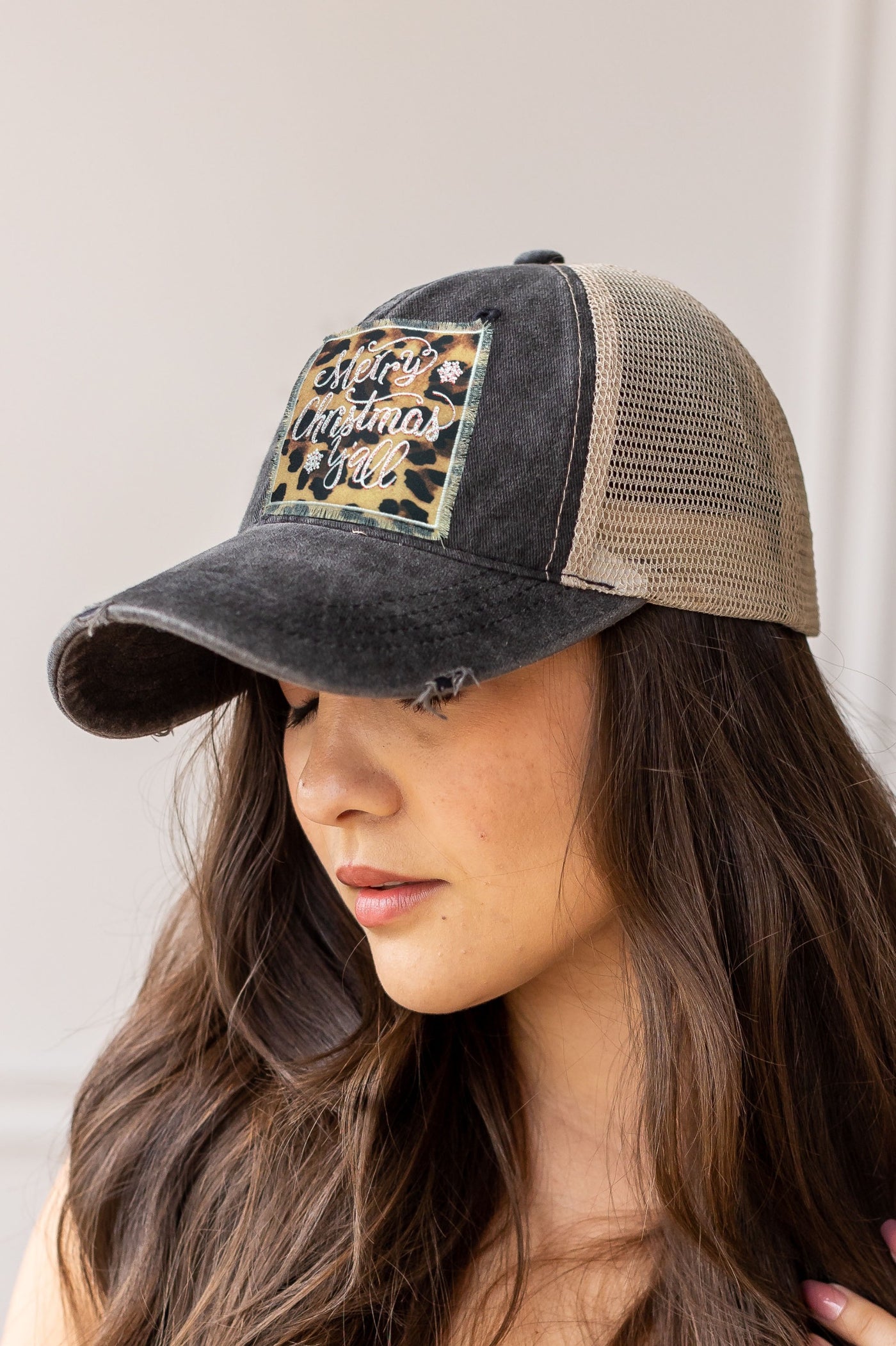 Leopard Merry Christmas Y'all Patch on High Ponytail Charcoal Hat with Beige Mesh