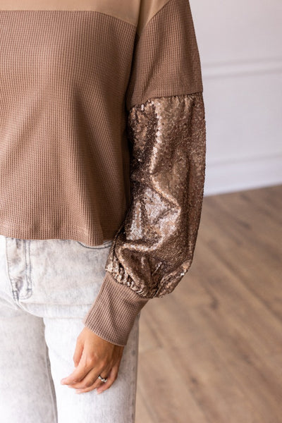 Tan Waffle Knit Top with Mesh and Sequin Details