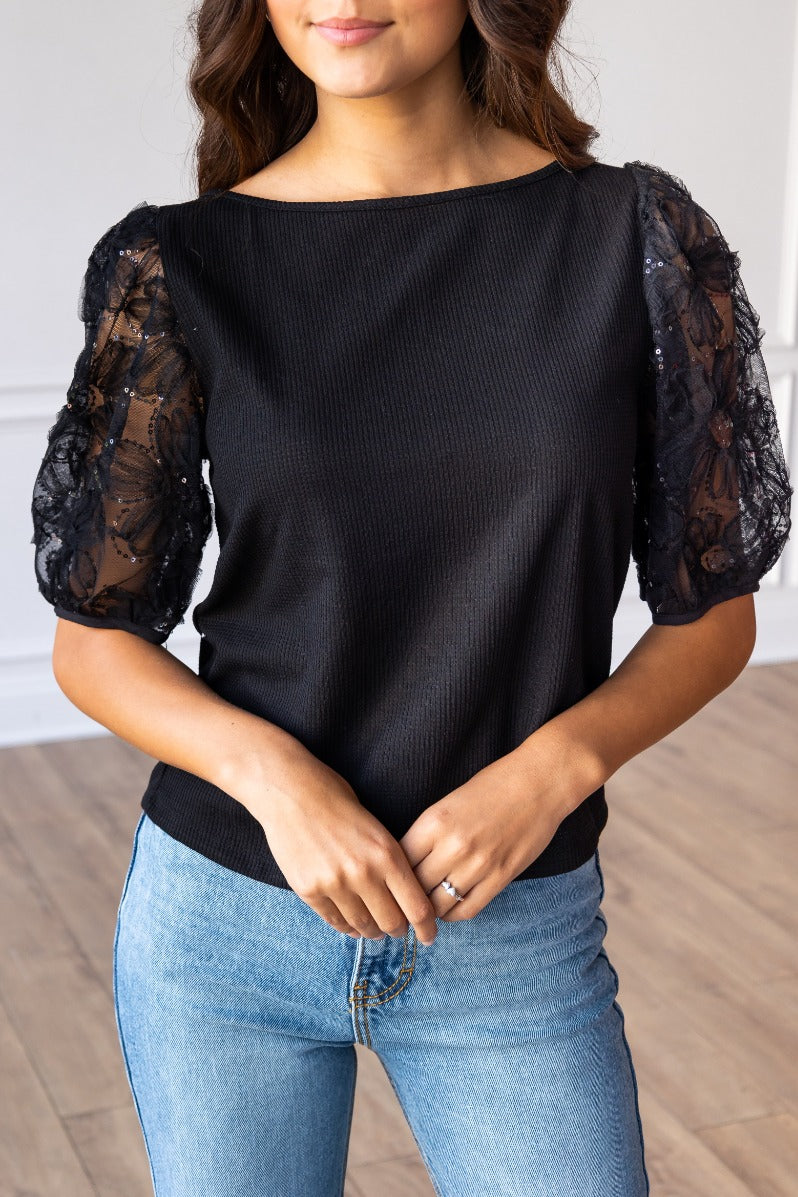 Midnight Blossom Black Sequins Floral Puff Sleeve
