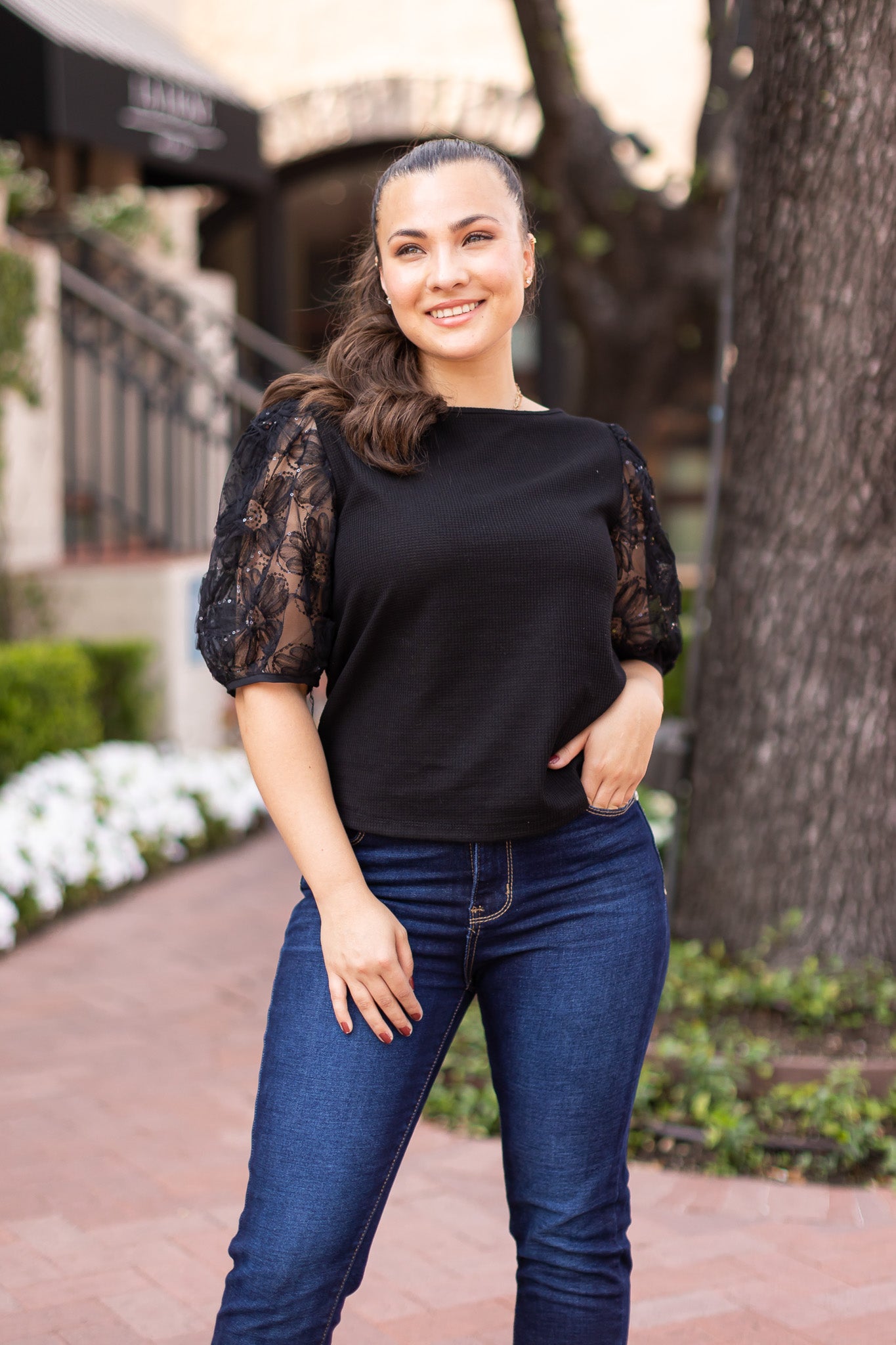 Midnight Blossom Black Sequins Floral Puff Sleeve