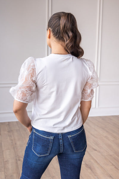 Midnight Blossom White Floral Puff Sleeve